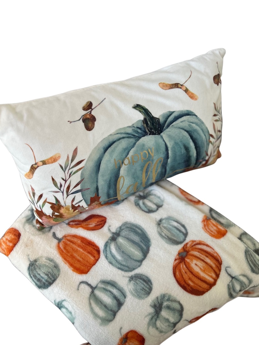 Fall Pumpkin Pillow & Plush Throw Blanket Set | Happy Fall Decor Bundle